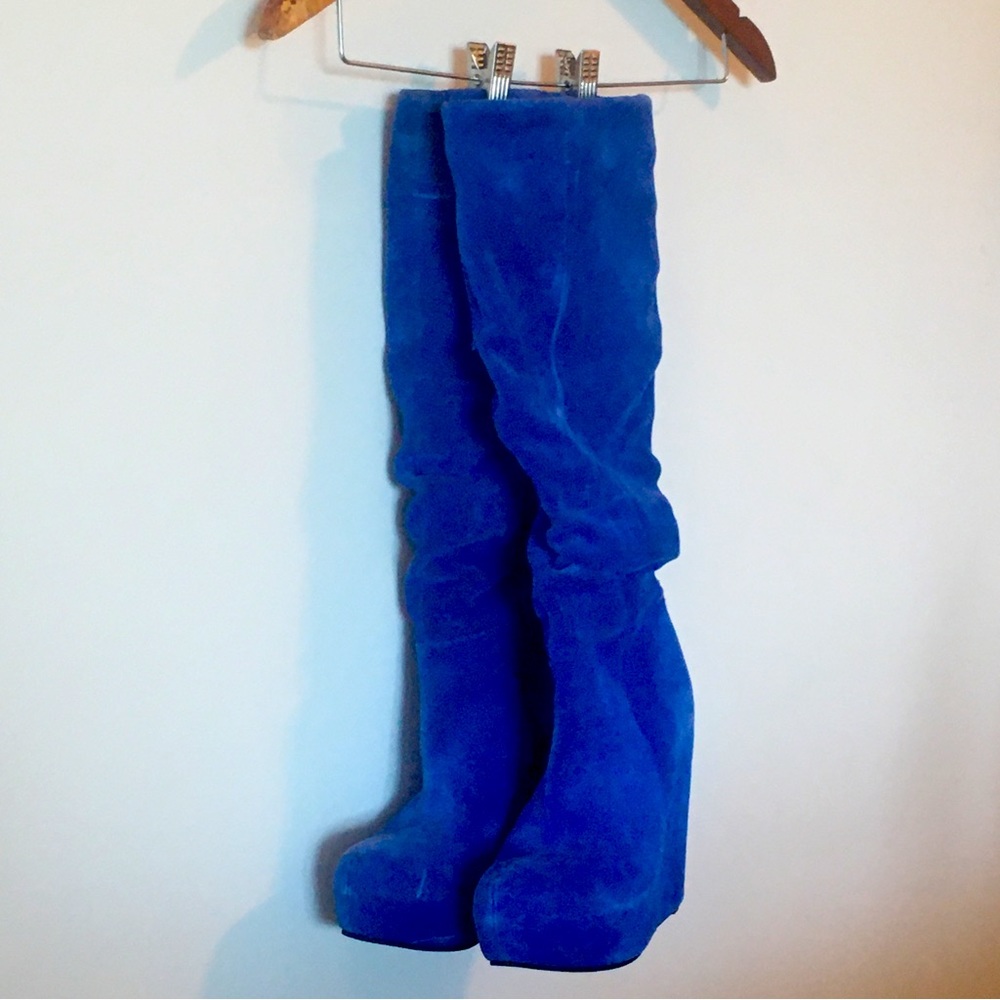 Electric Blue Knee High Platform Wedge boots.